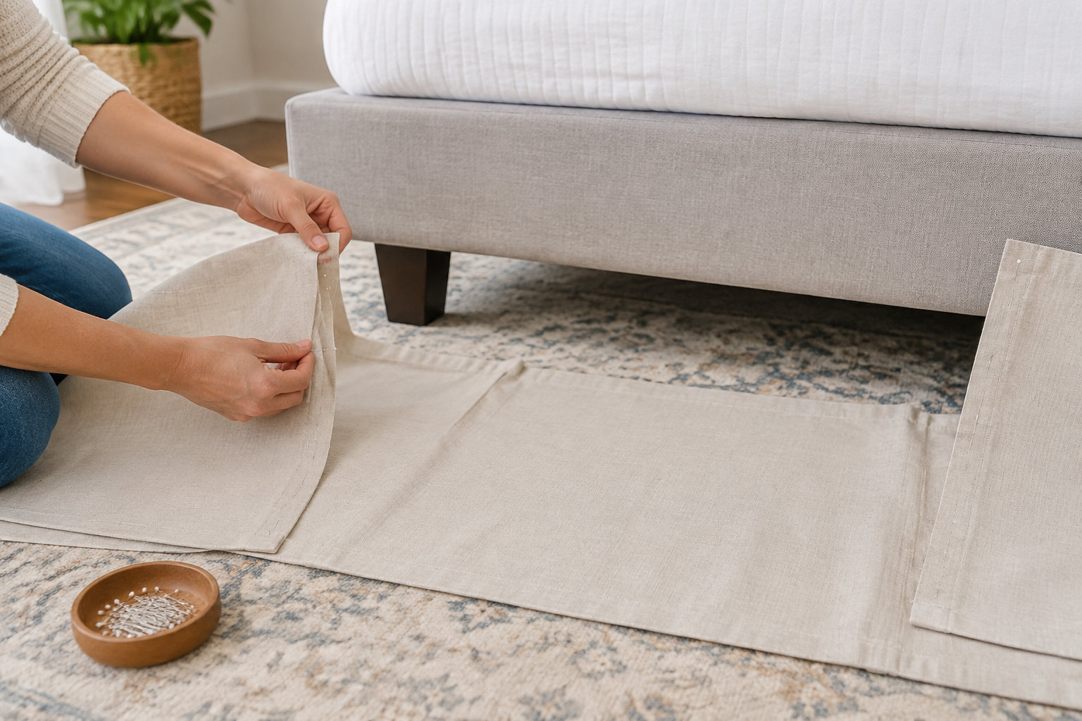 Une personne agenouillée ajuste une housse en tissu beige sous un canapé, avec une coupelle de punaises posée sur le tapis.