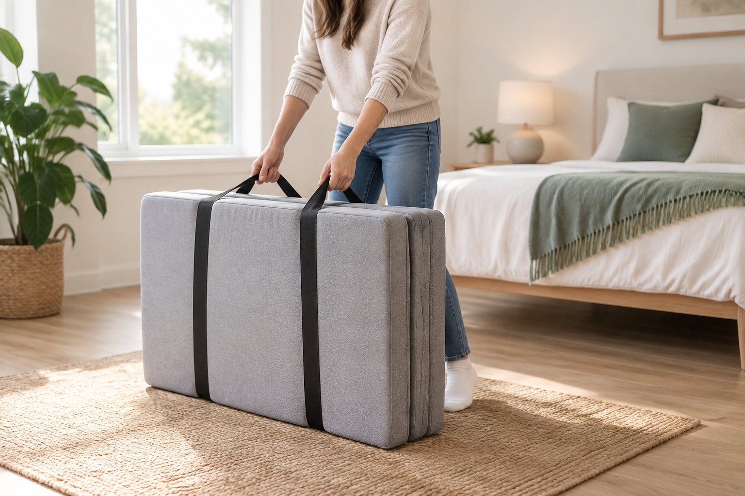 Une personne soulève un matelas plié gris à l’aide de sangles noires dans une chambre lumineuse.