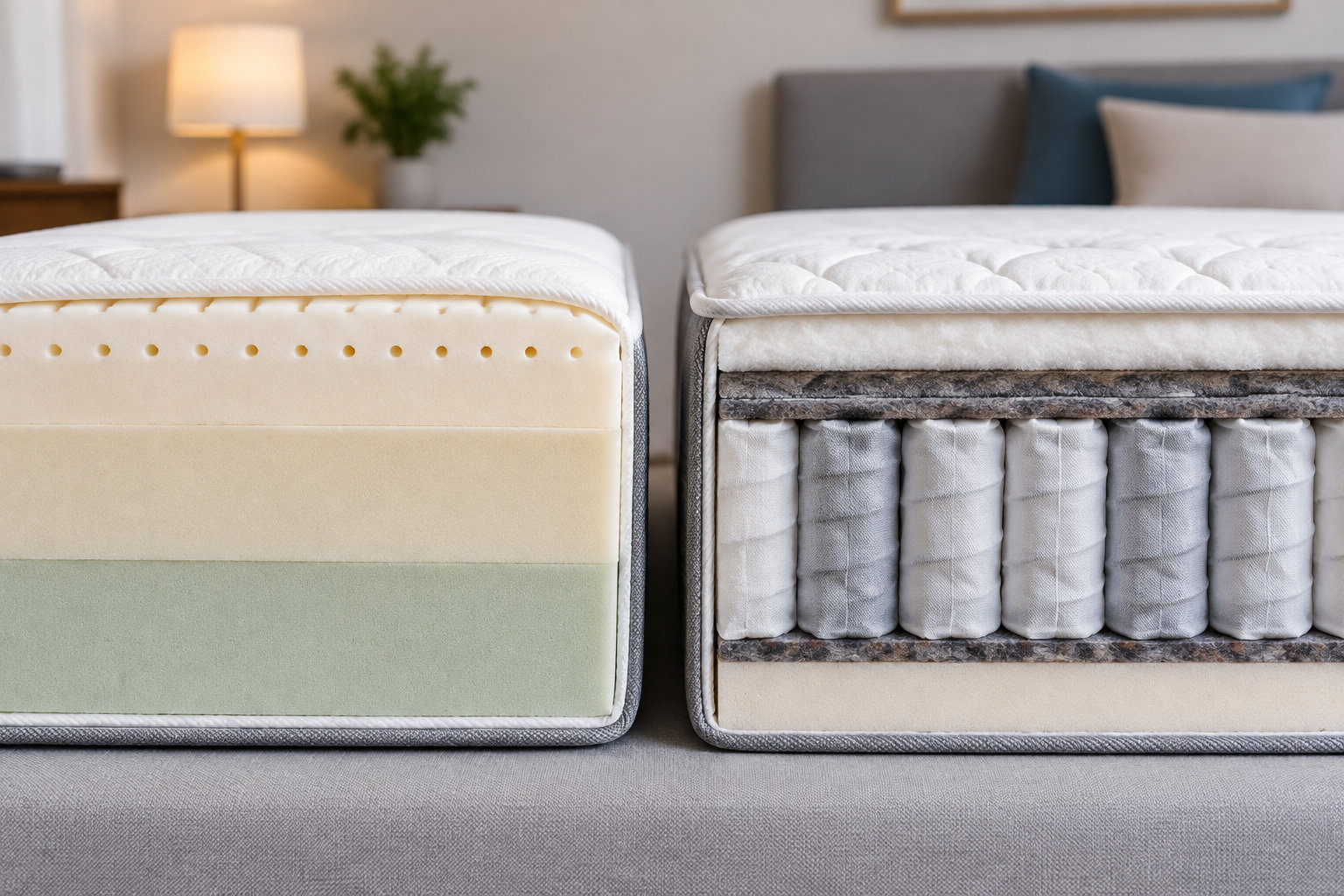 Deux matelas sont présentés côte à côte, chacun partiellement découpé pour révéler ses différentes couches intérieures, dans une chambre.