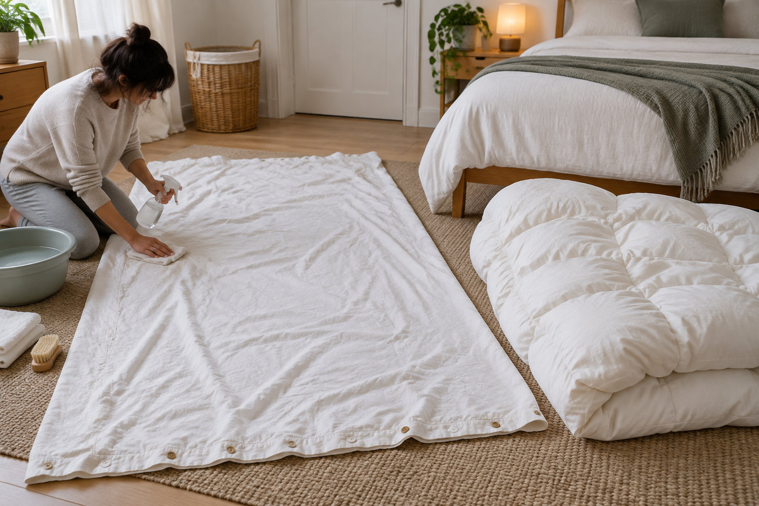 Une femme à genoux nettoie une grande housse blanche avec un vaporisateur et un chiffon, dans une chambre où la couette et les oreillers sont posés au sol.
