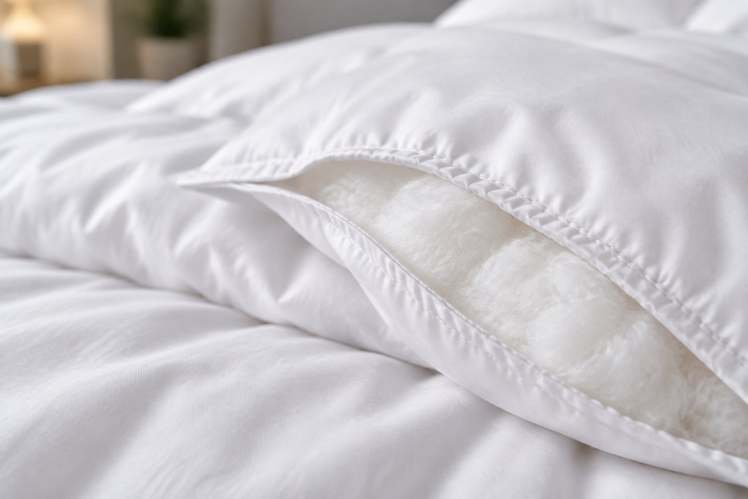 Une couette blanche est entrouverte, laissant voir son rembourrage duveteux dans une chambre.