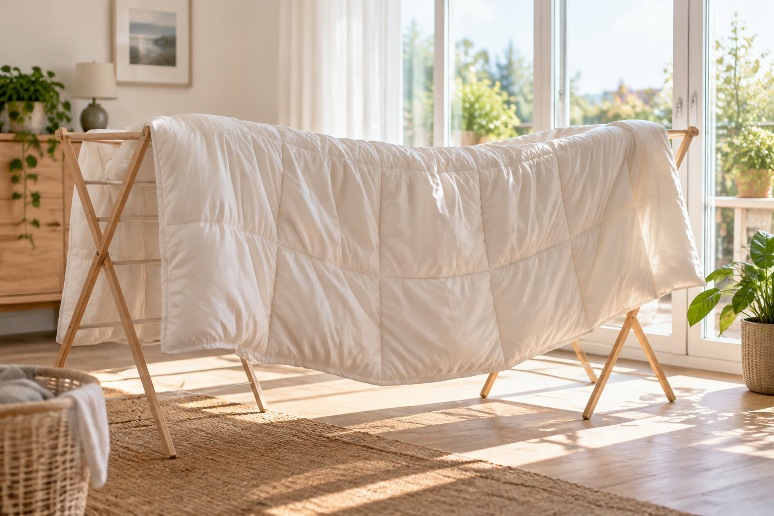 Une grande couette blanche est étendue sur un séchoir en bois dans une pièce ensoleillée, entourée de plantes et de meubles.