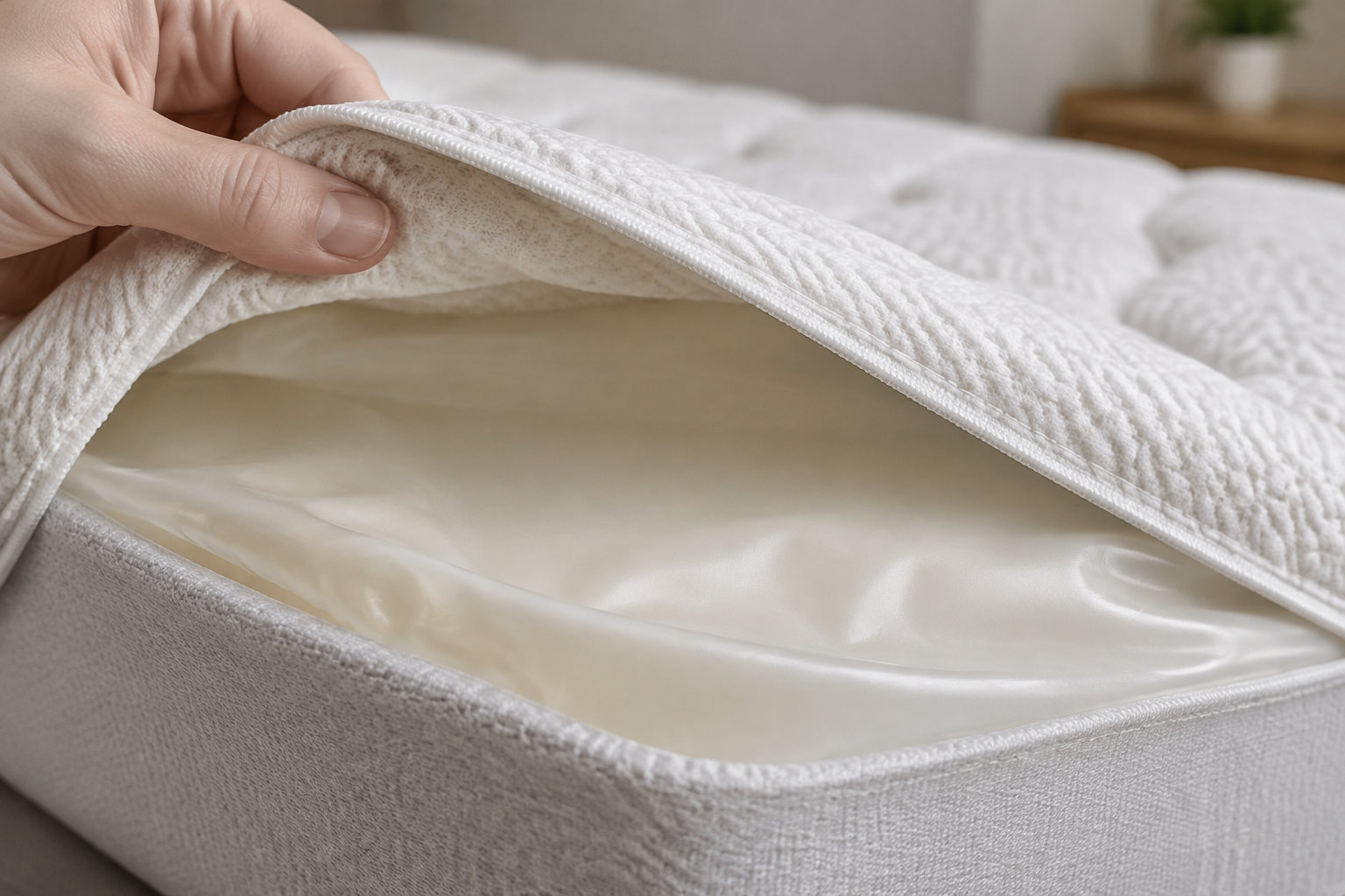 Une main soulève la housse matelassée d’un matelas pour en montrer l’intérieur.
