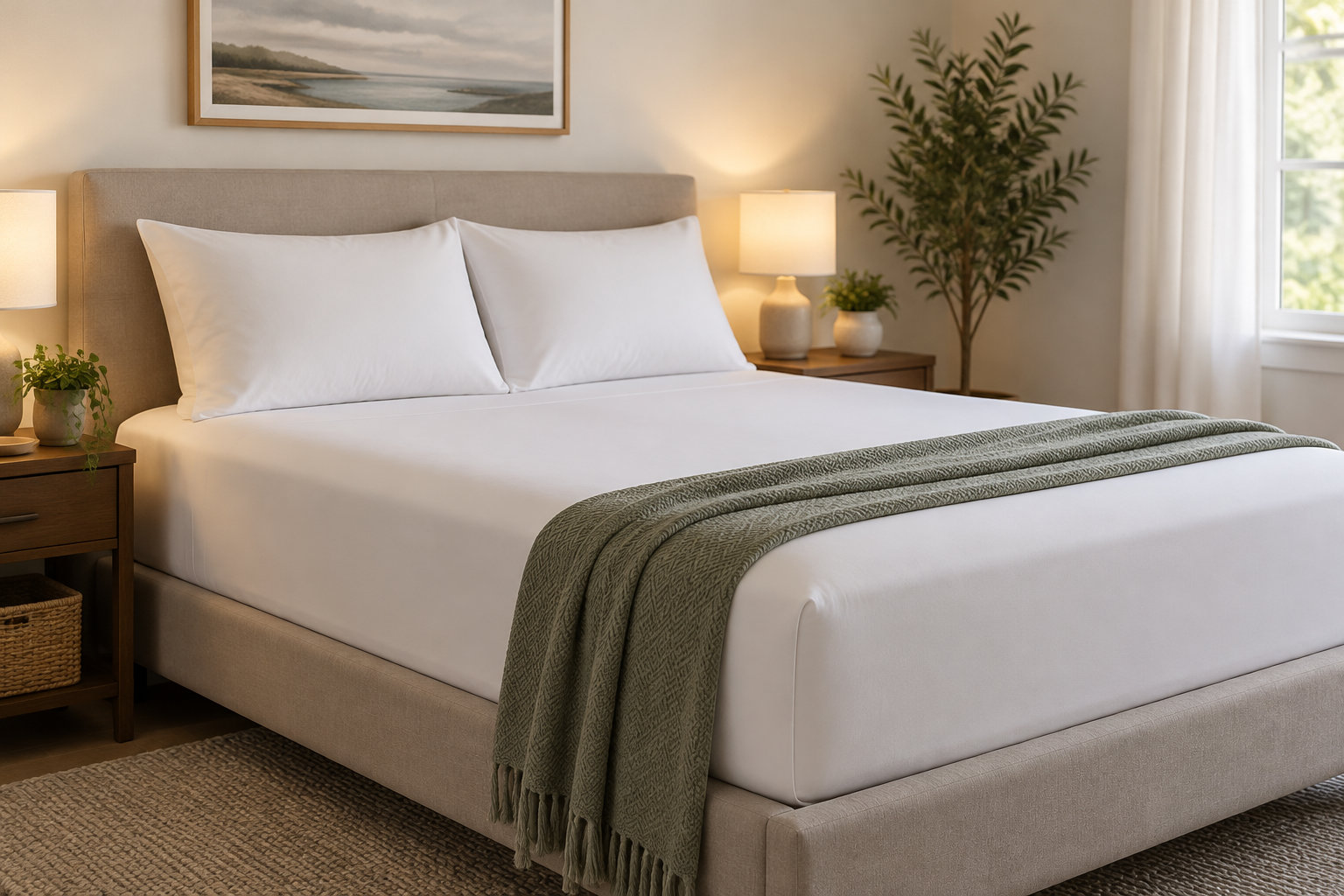Une chambre lumineuse avec un grand lit blanc, un plaid vert, des tables de chevet, des lampes et des plantes.
