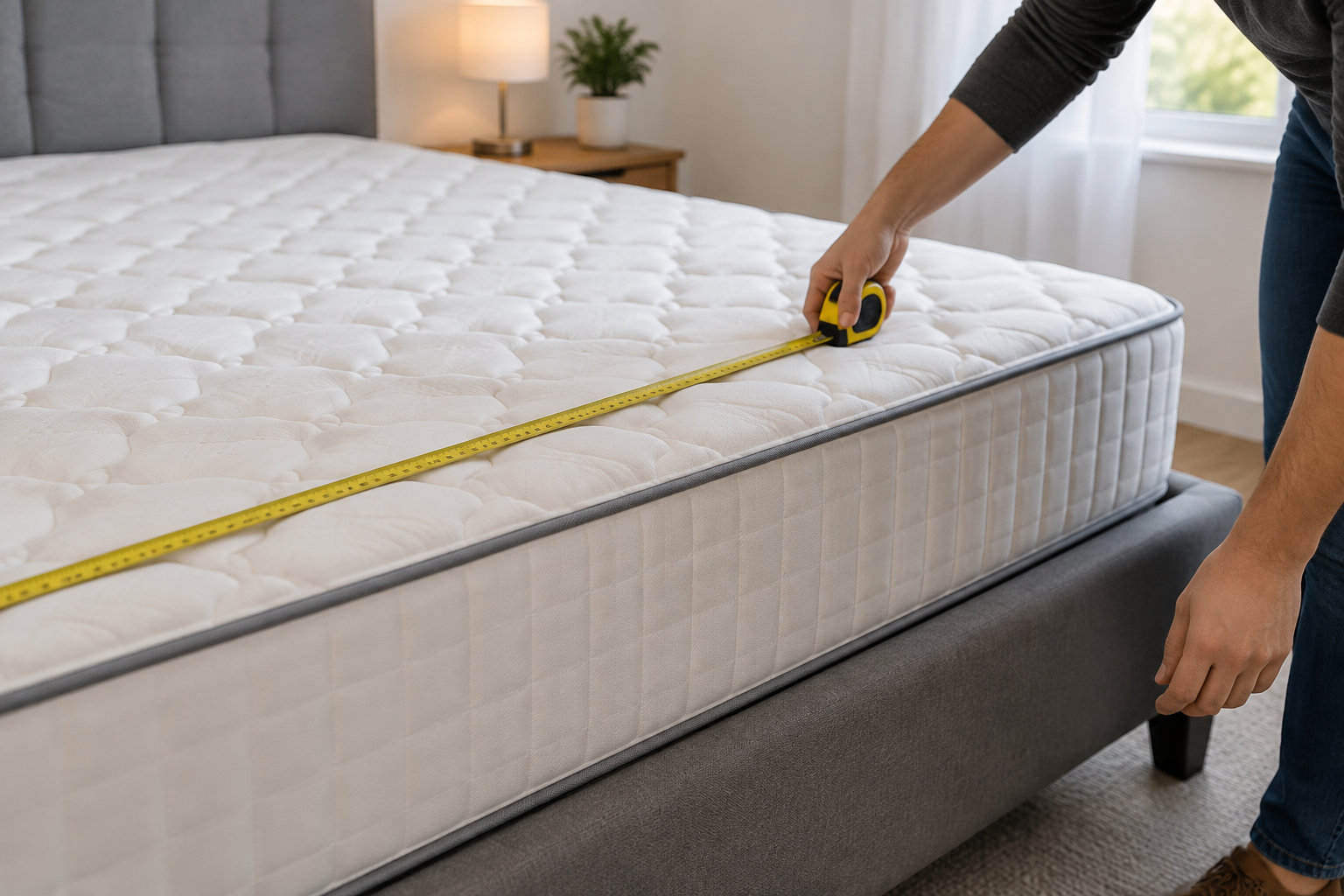 Une personne mesure un matelas blanc à l’aide d’un mètre ruban jaune dans une chambre.