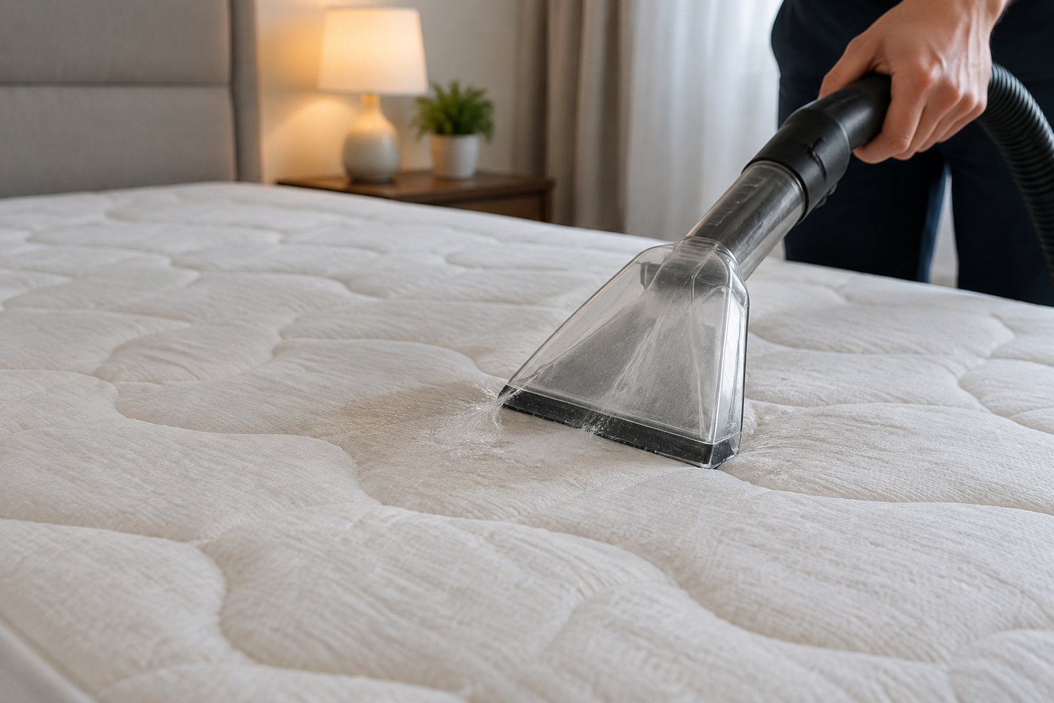 Une personne passe un embout d’aspirateur transparent sur un matelas blanc, dans une chambre avec une lampe et une plante sur une table de chevet.