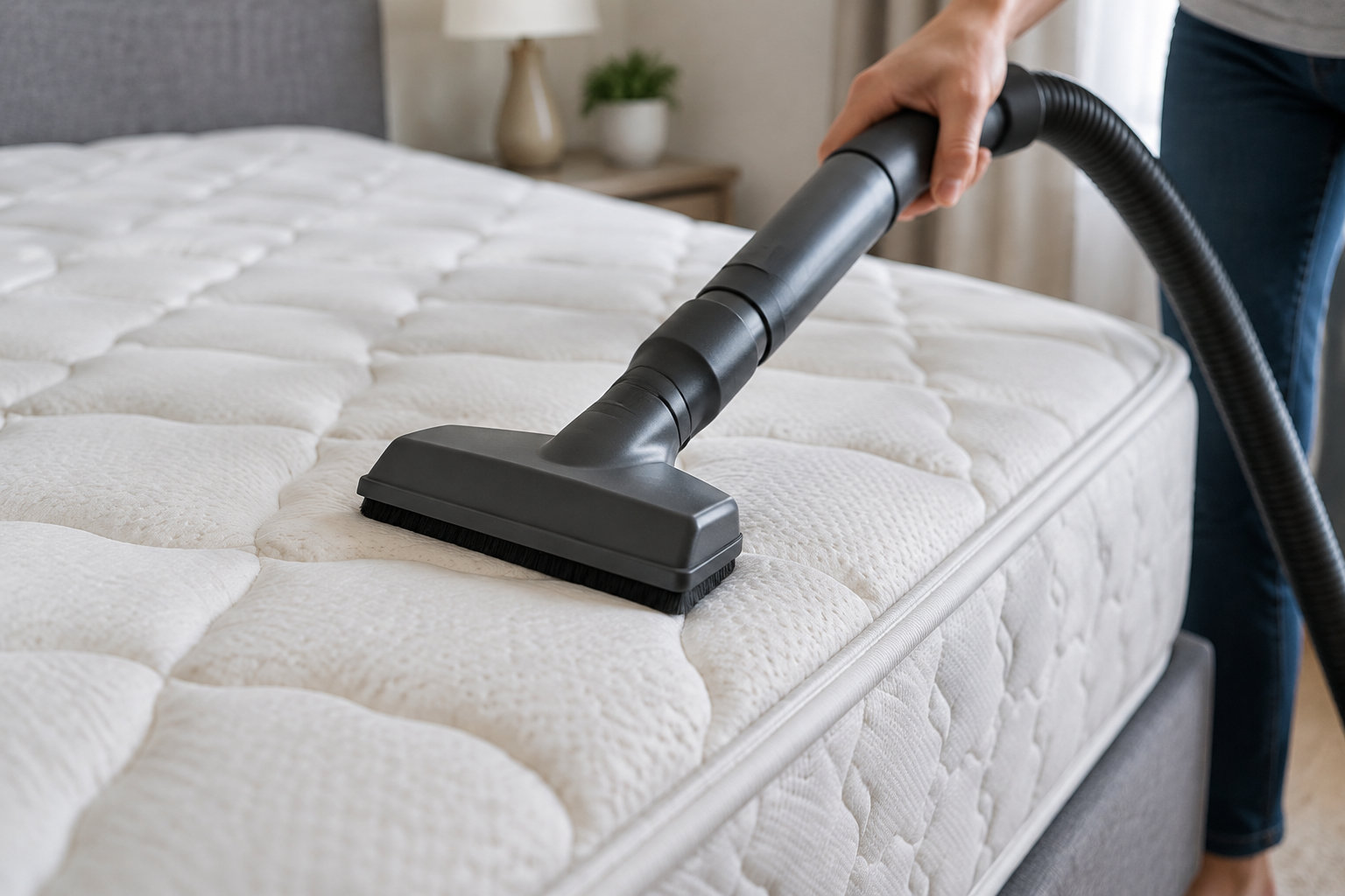 Une personne passe l’embout d’un aspirateur sur un matelas blanc capitonné dans une chambre.