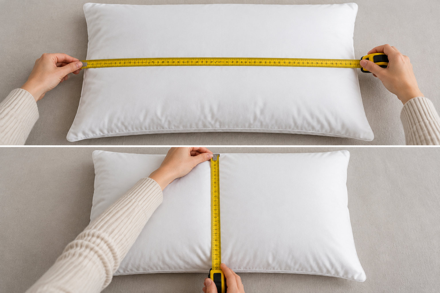 Deux vues d’un coussin blanc mesuré en largeur puis en hauteur avec un mètre ruban jaune.