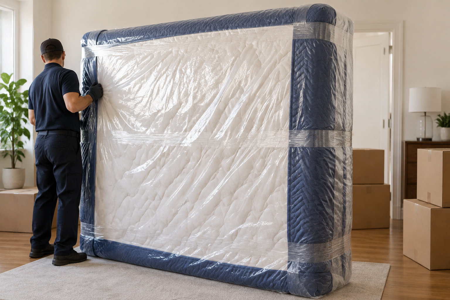 Un déménageur en vêtements sombres tient un matelas emballé dans du plastique dans une pièce avec des cartons.