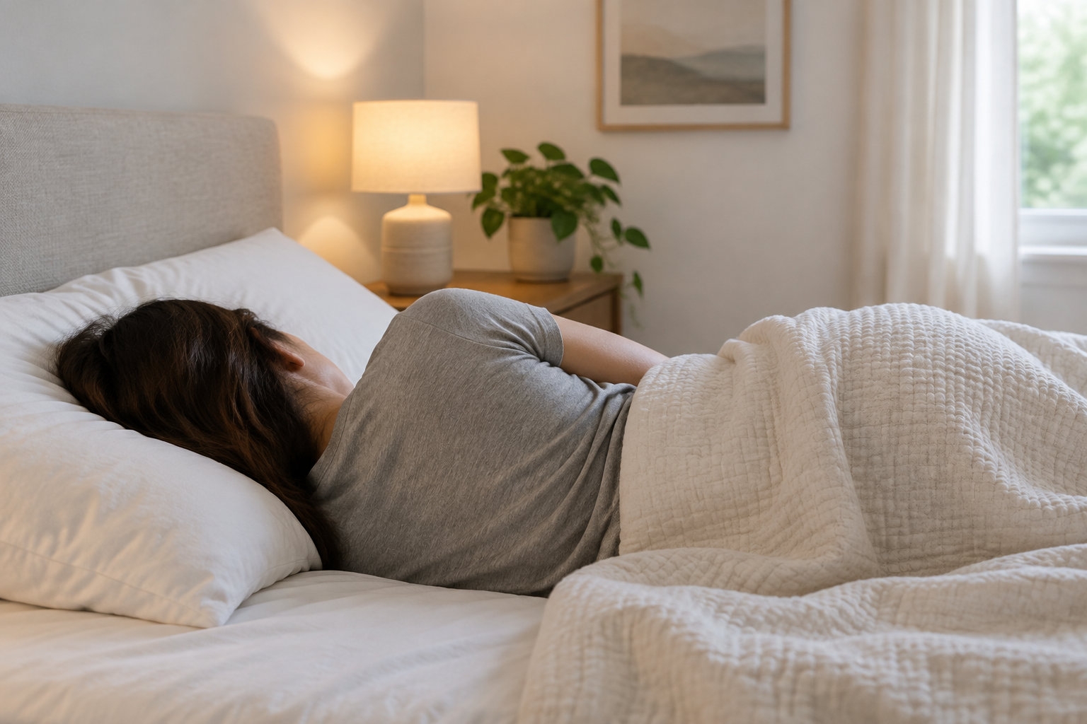 Une personne allongée sur le côté dans un lit, sous une couverture, dans une chambre éclairée par une lampe de chevet.