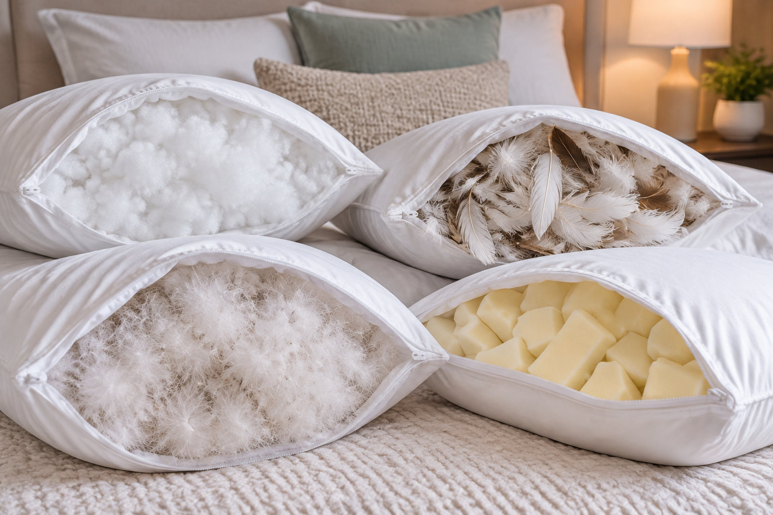 Quatre oreillers blancs ouverts sur un lit révèlent différents types de garnissage, avec des oreillers décoratifs et une lampe en arrière-plan.