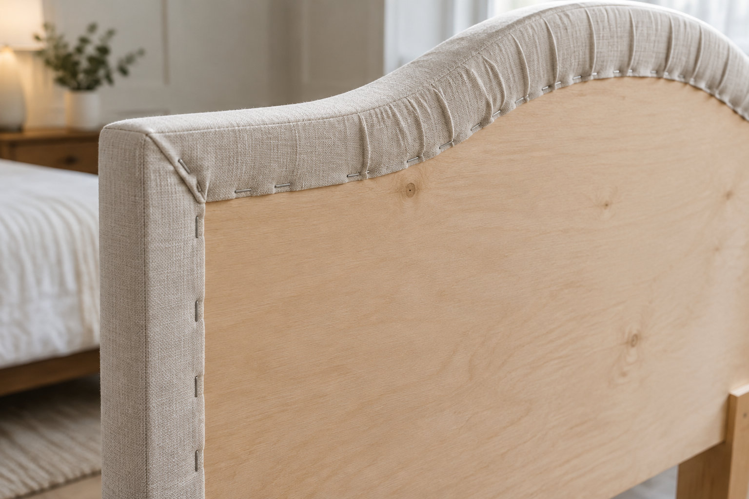 Gros plan sur une tête de lit en bois clair bordée de tissu beige, dans une chambre.