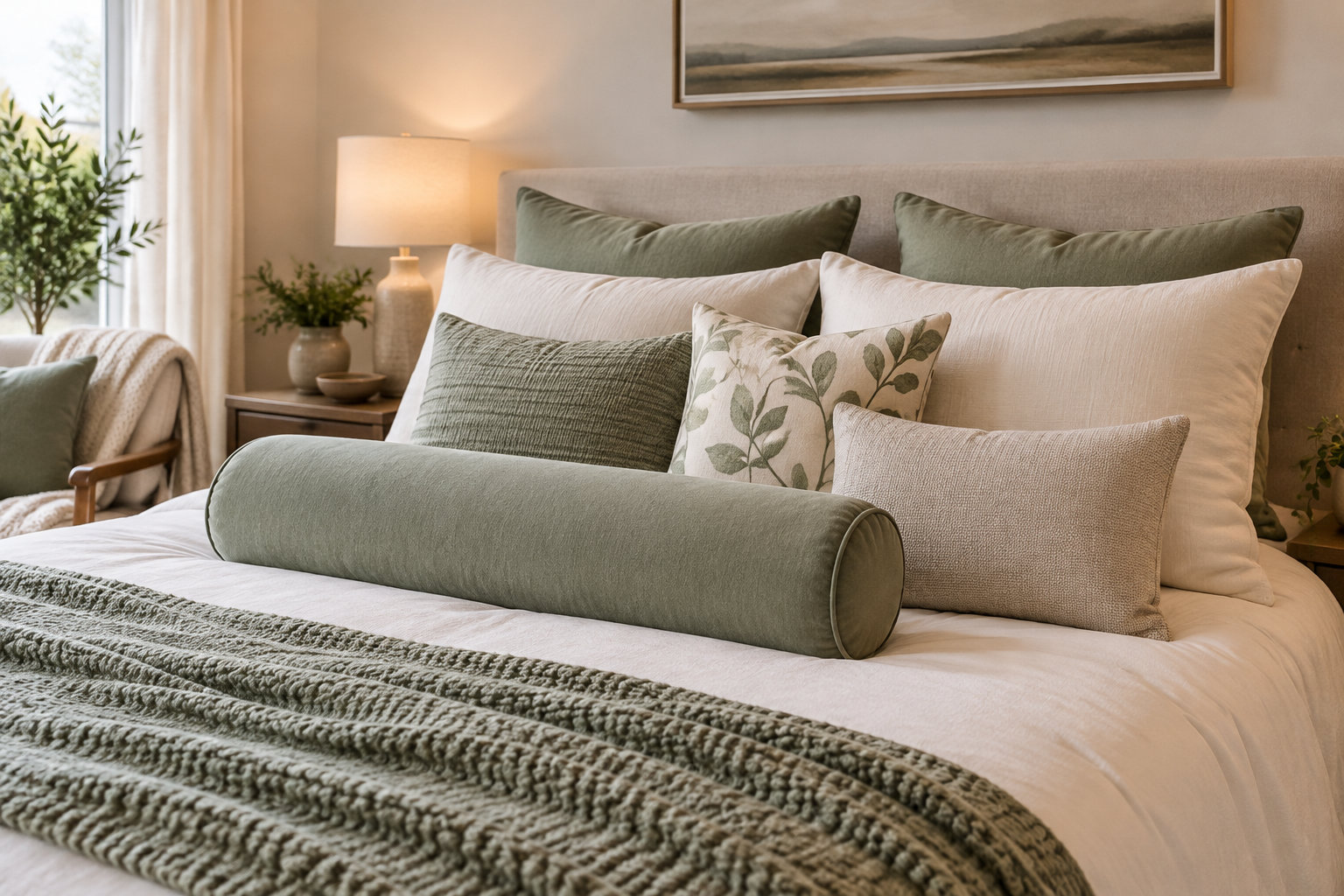 Un lit soigneusement arrangé avec des coussins blancs et verts, un traversin et un plaid tricoté, dans une chambre chaleureuse.