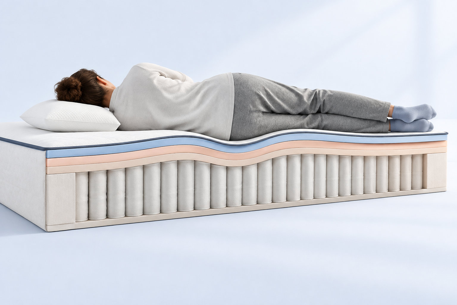 Une personne est allongée sur le côté sur un matelas dont les différentes couches et les ressorts sont visibles en coupe.
