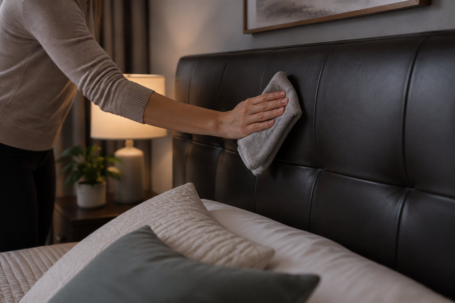 Une personne essuie avec un chiffon une tête de lit en cuir noir dans une chambre, près d’un lit et d’une lampe allumée.