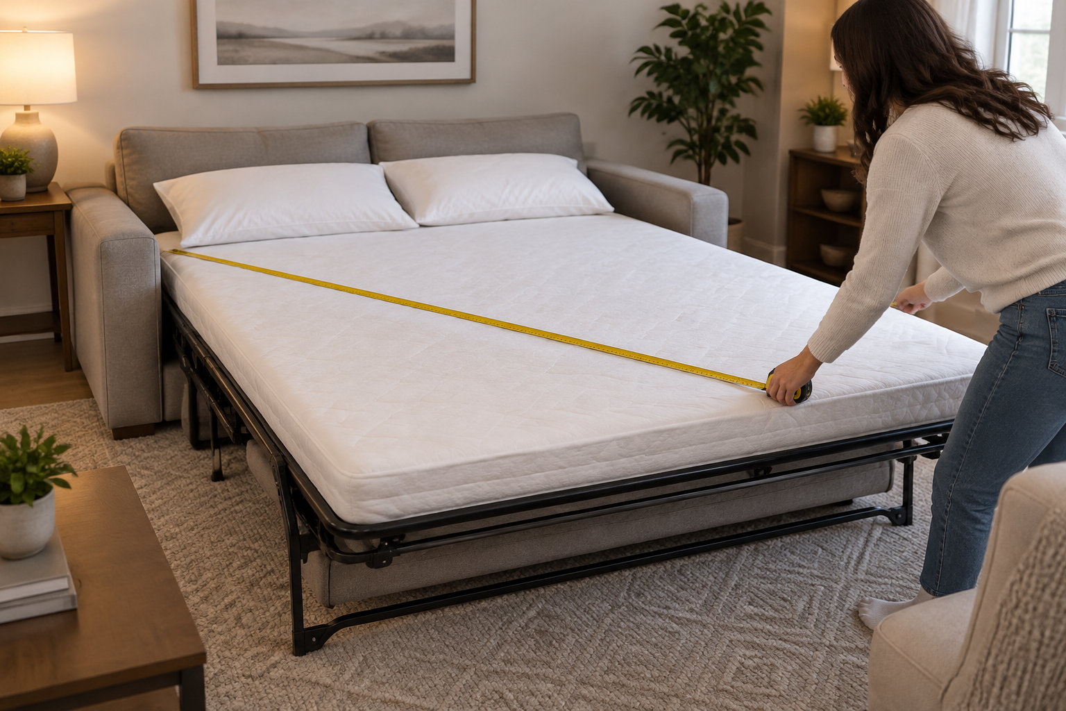 Une femme mesure la largeur d’un matelas avec un mètre ruban dans un salon.