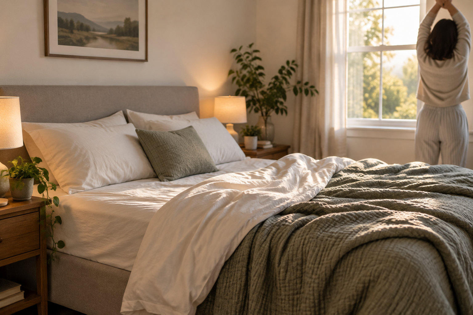 Une personne étire les bras près d’une fenêtre dans une chambre ensoleillée, à côté d’un lit défait aux couvertures froissées.