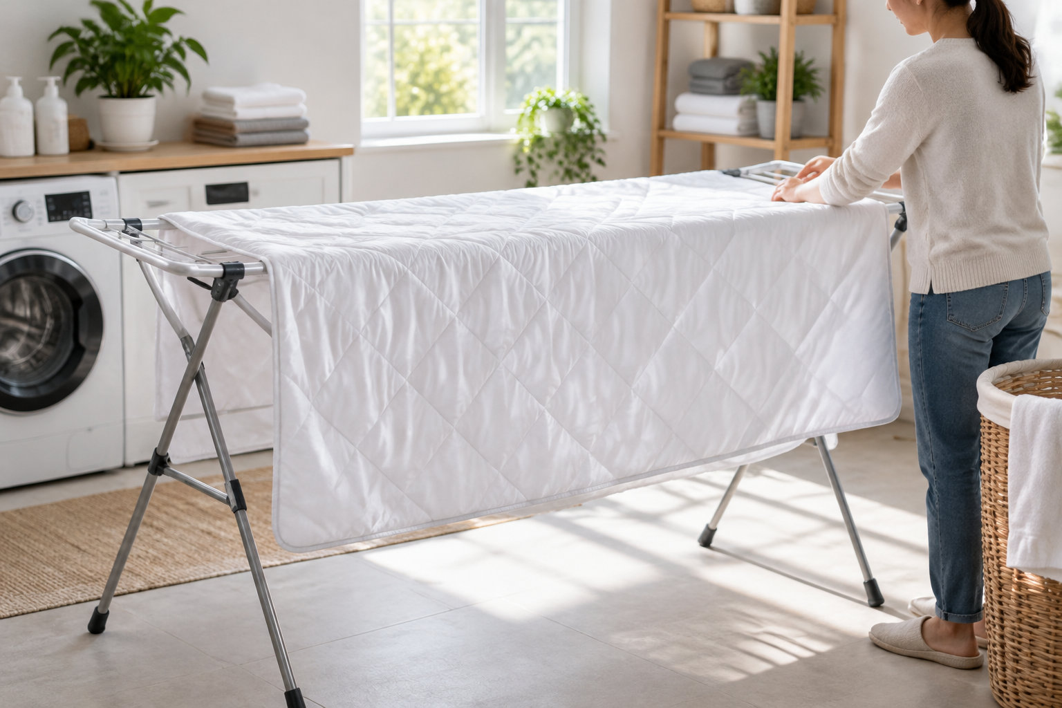 Une femme étend une grande couette blanche matelassée sur un séchoir dans une buanderie lumineuse.