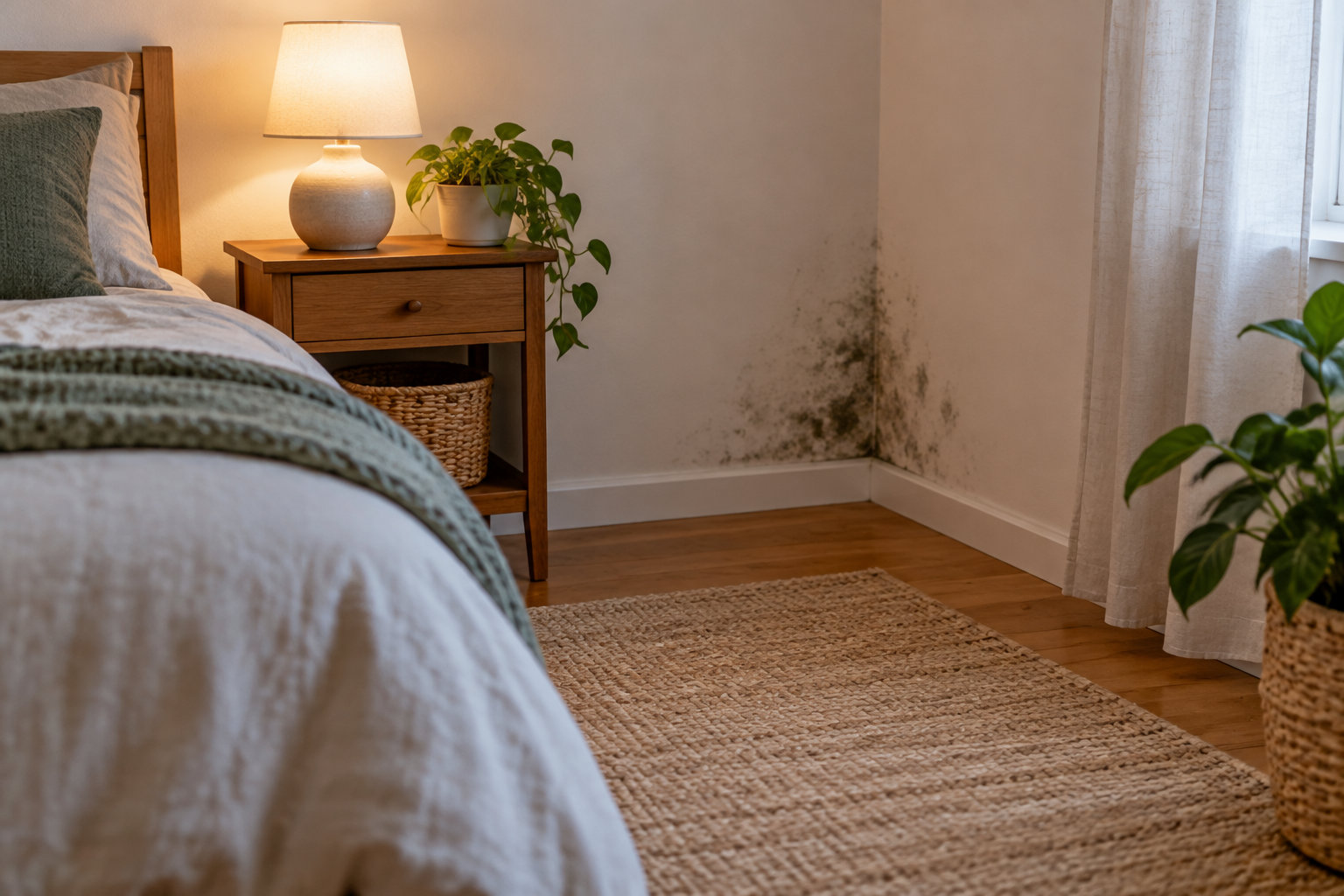 Une chambre avec un lit, une table de chevet éclairée par une lampe et des plantes, tandis que des traces de moisissure couvrent le bas d’un mur.