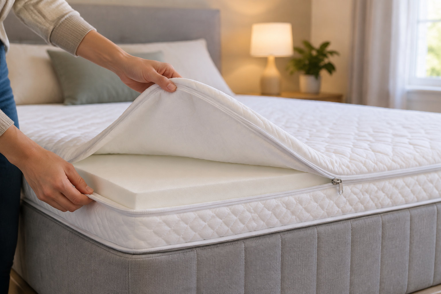 Une personne soulève la housse zippée d’un matelas, révélant une couche de mousse, dans une chambre.