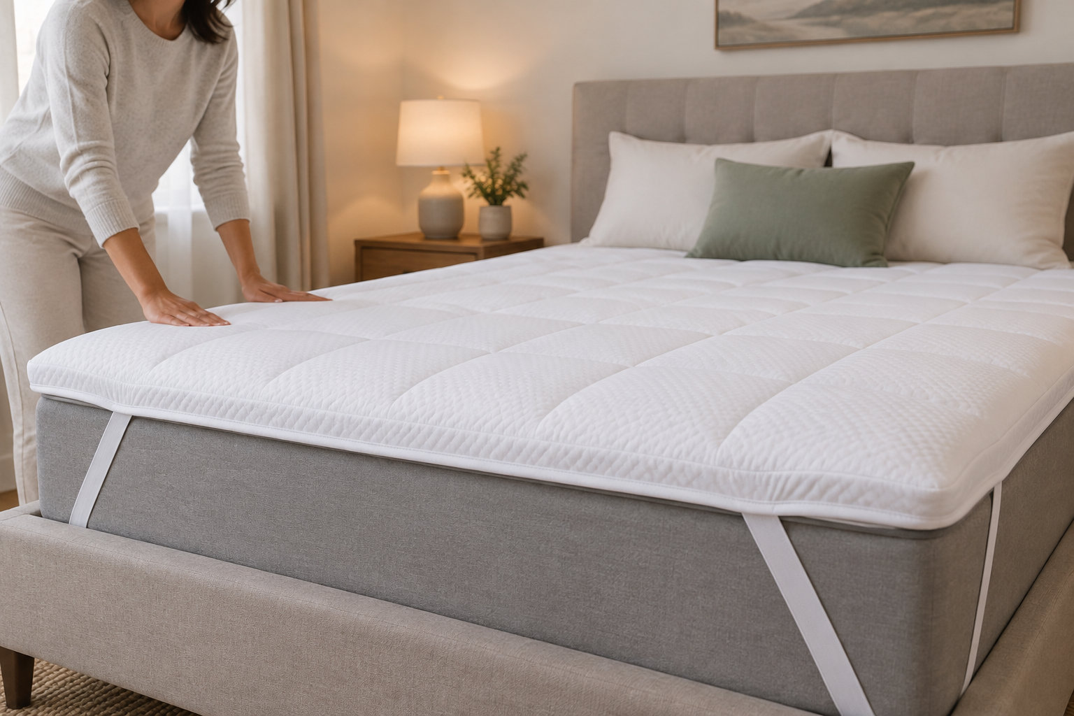 Une personne appuie des mains sur un surmatelas blanc posé sur un lit gris, dans une chambre.