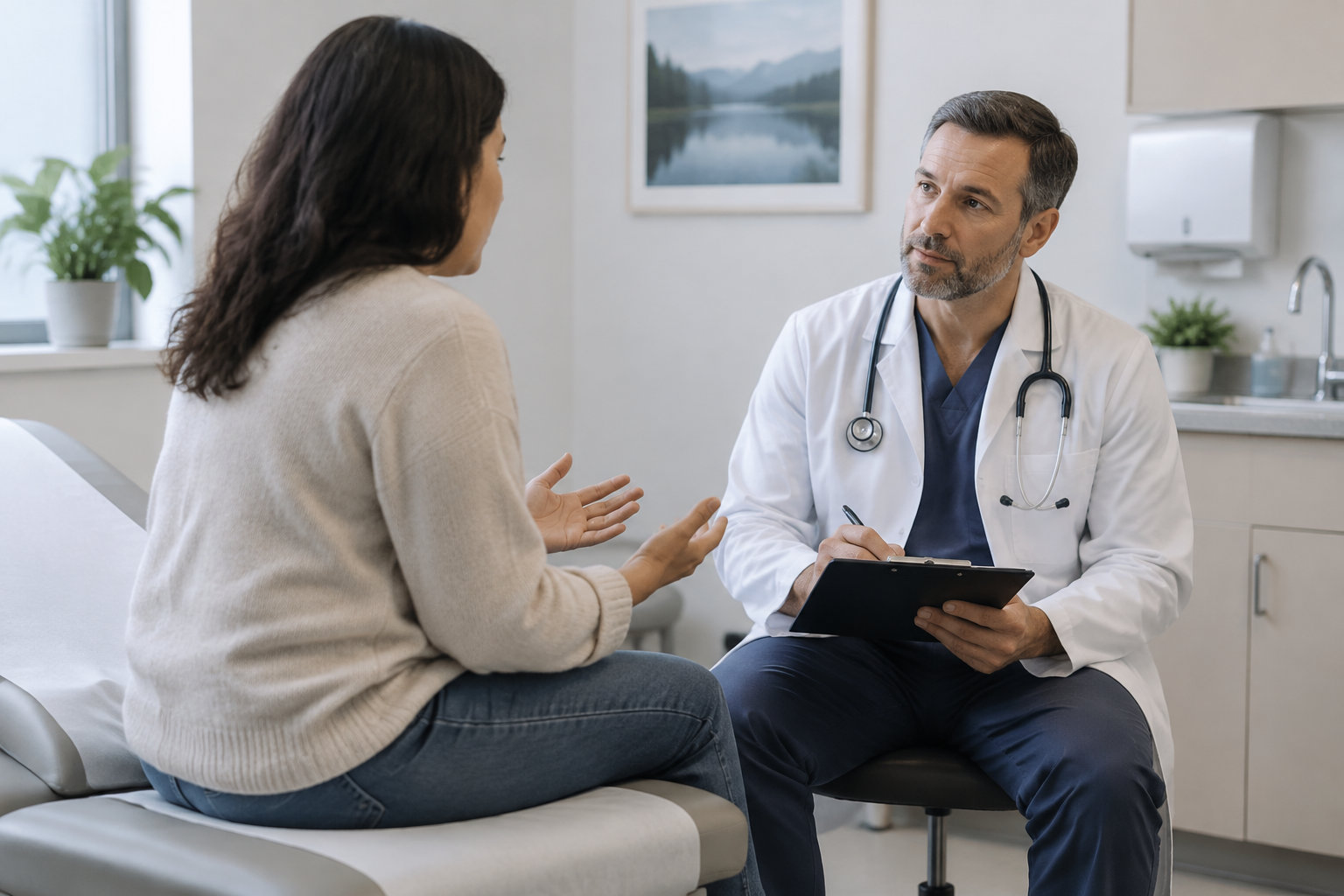 Une patiente assise sur une table d’examen parle à un médecin qui prend des notes sur un dossier dans un cabinet médical.