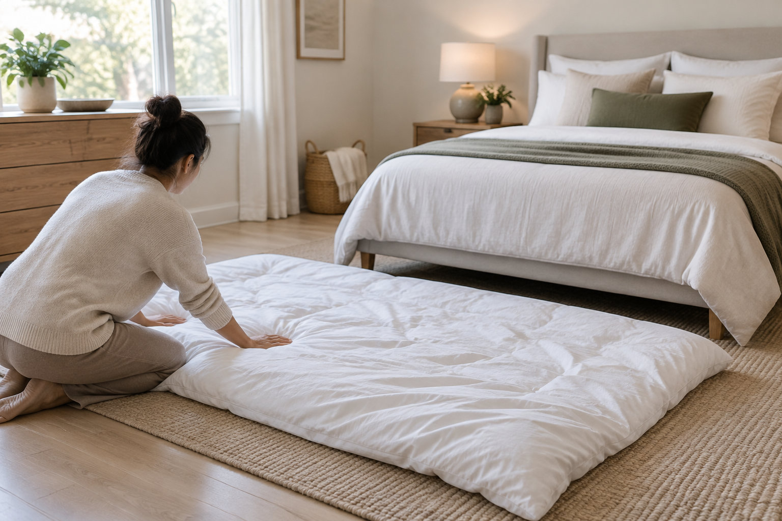 Une femme agenouillée appuie sur un matelas blanc posé au sol dans une chambre lumineuse.