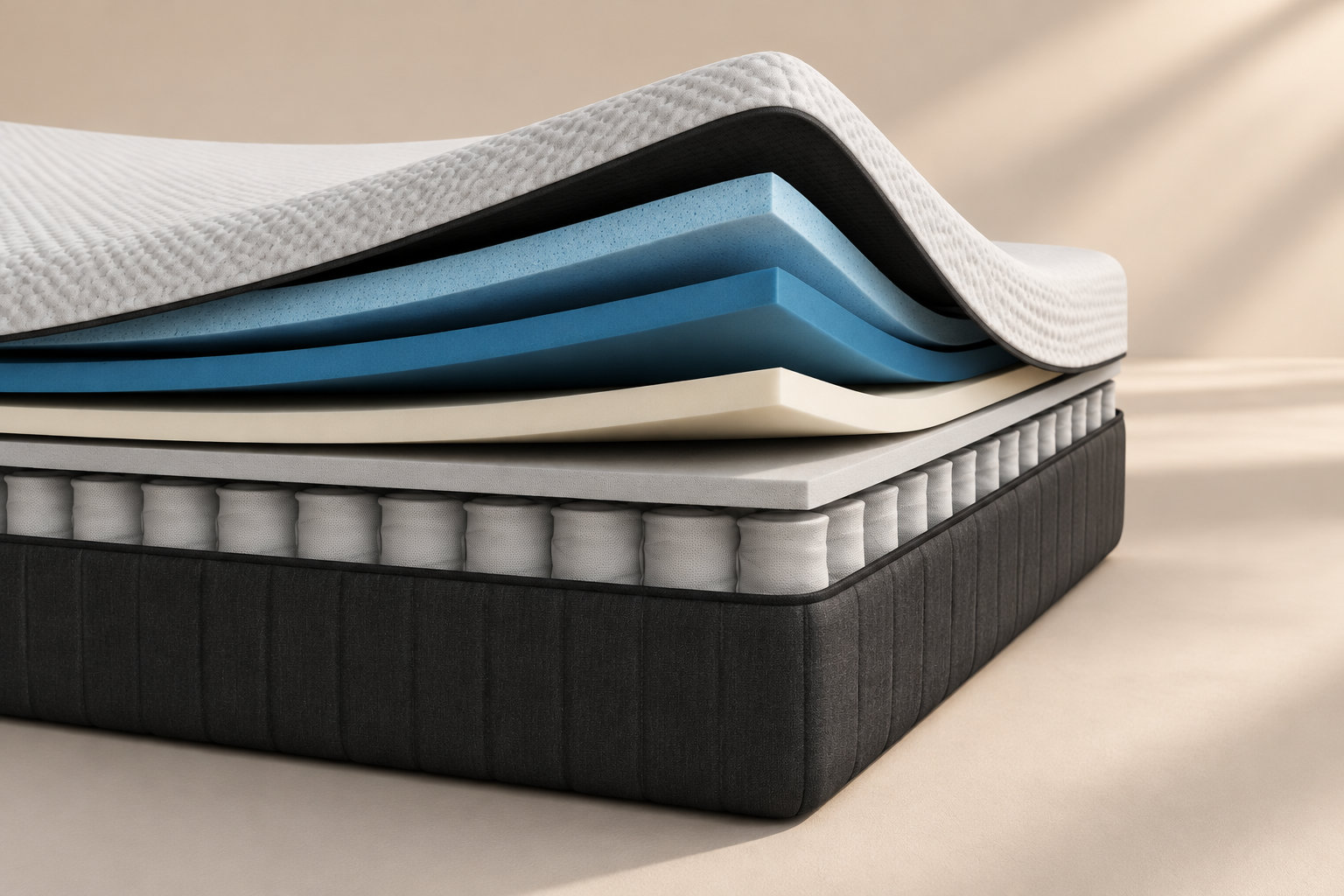 Un matelas présenté en coupe révèle plusieurs couches de mousse et une rangée de ressorts ensachés.