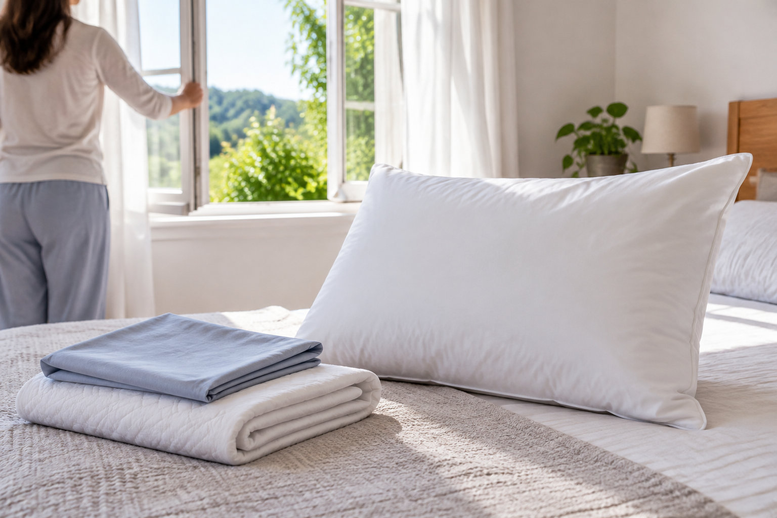 Une personne ouvre la fenêtre d’une chambre où un oreiller blanc et du linge plié sont posés sur le lit.