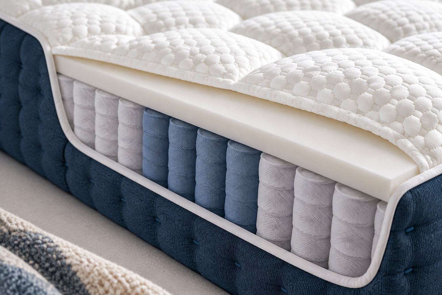 Un matelas blanc est présenté en coupe, révélant des ressorts ensachés enveloppés de tissu clair et bleu sur une base rembourrée bleu foncé.