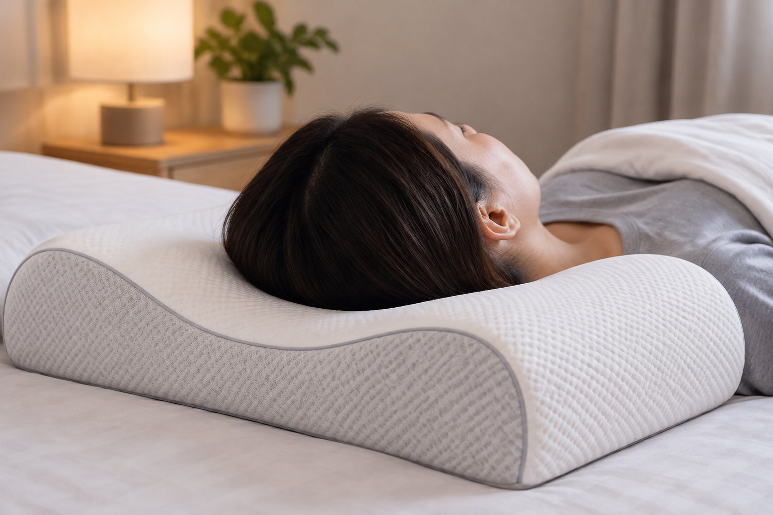 Une personne est allongée sur le côté, la tête posée sur un oreiller ergonomique dans une chambre.