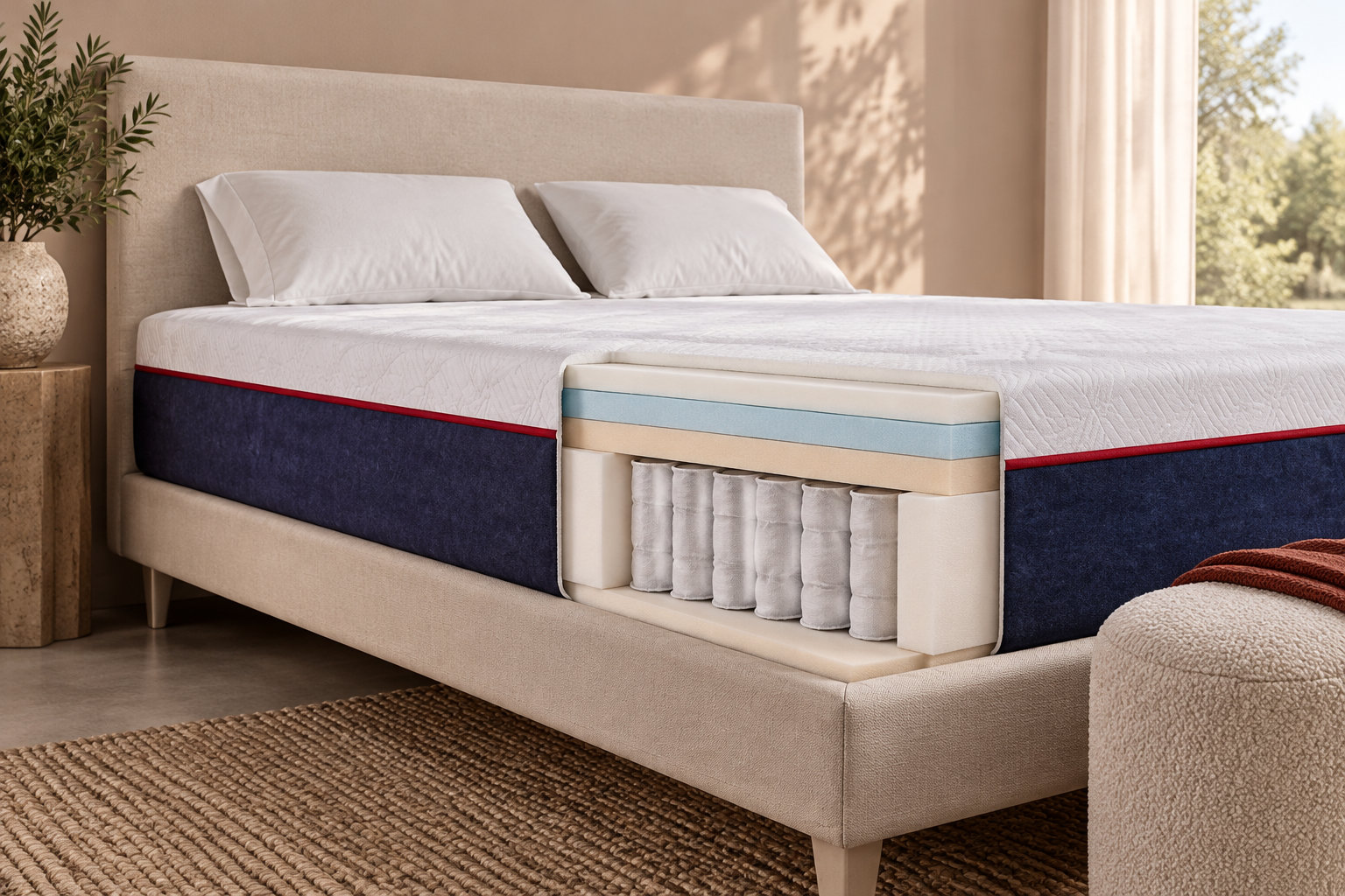 Un lit avec deux oreillers présente une coupe de matelas laissant voir ses couches et ses ressorts, dans une chambre lumineuse.