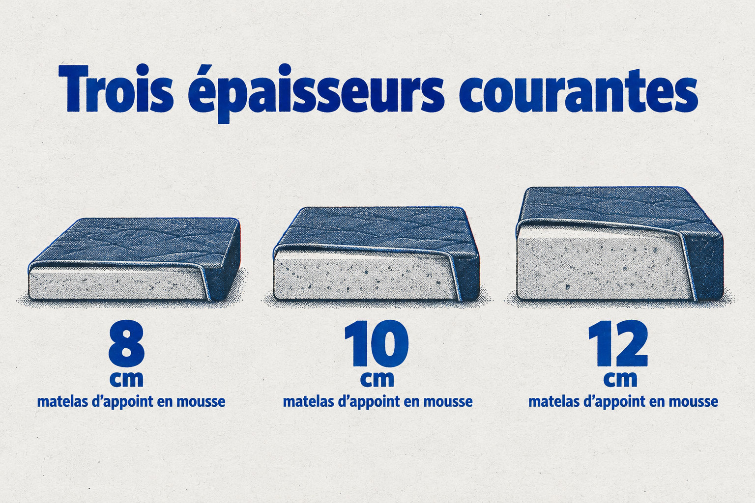 Trois matelas d’appoint en mousse en coupe sont comparés : 8 cm, 10 cm et 12 cm d’épaisseur.